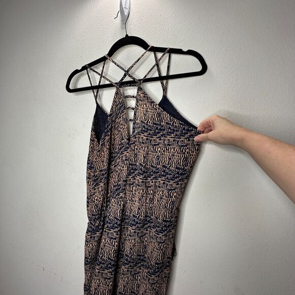 Fora Tan & Navy Front Button Strappy Decorative Back Wide Leg Jumpsuit Small - Picture 5 of 16